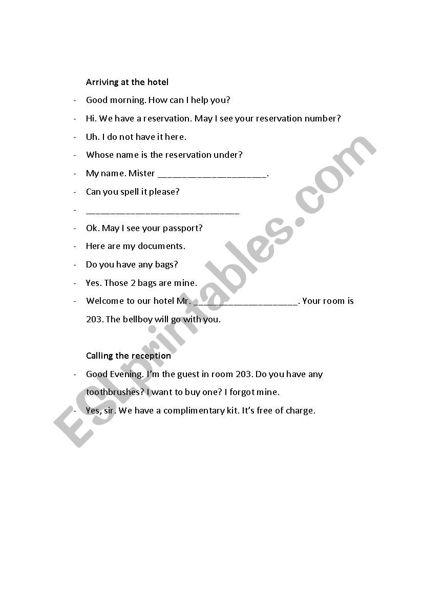 Dialogue at a hotel worksheet