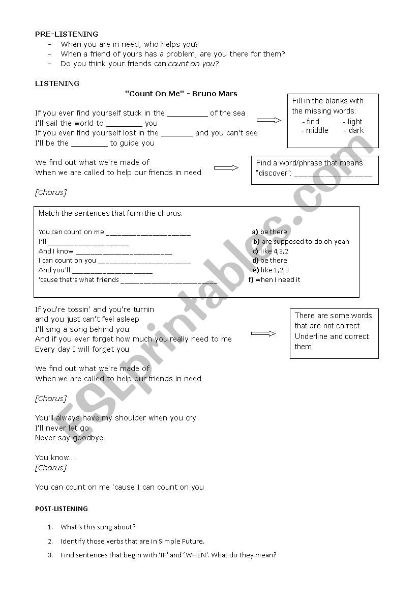 Bruno Mars Count on me worksheet