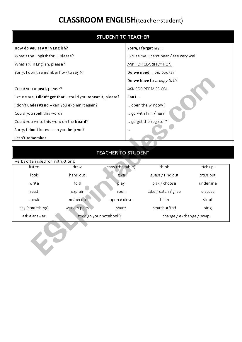 Classroom English worksheet