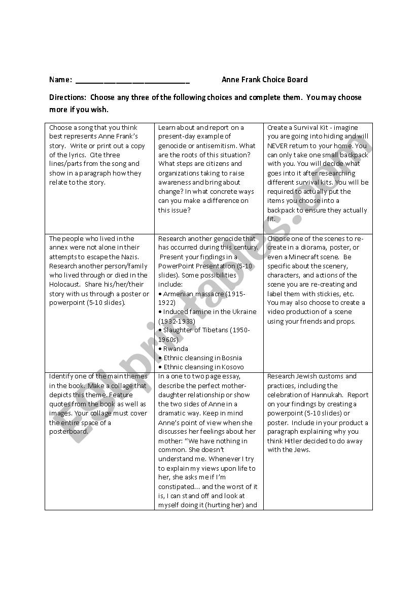 The Diary of Anne Frank Final Project Choice Menu