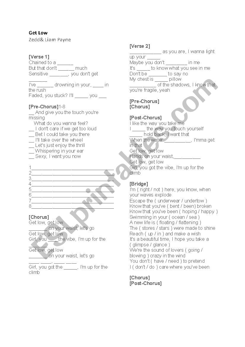 Get Low by Zedd, Liam Payne - Lyric Worksheet