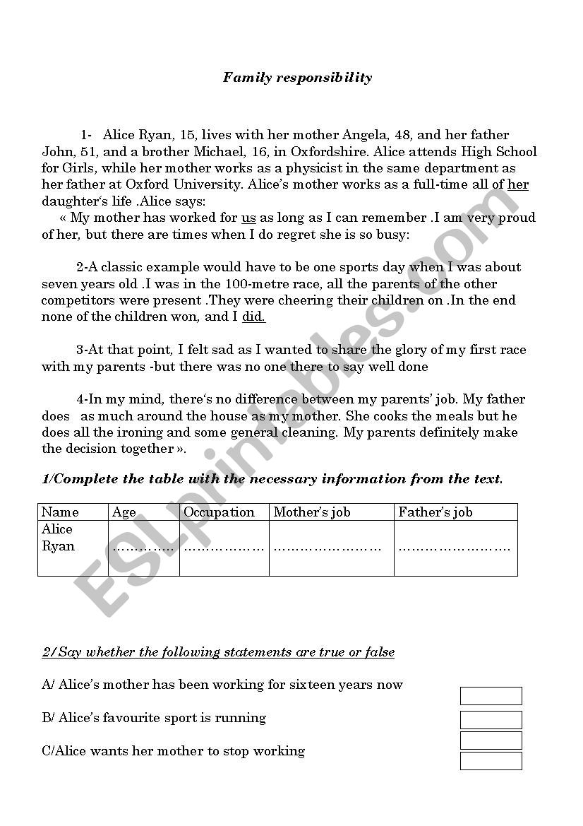 family responsibilities  worksheet