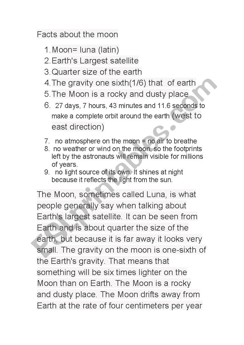 moon description worksheet