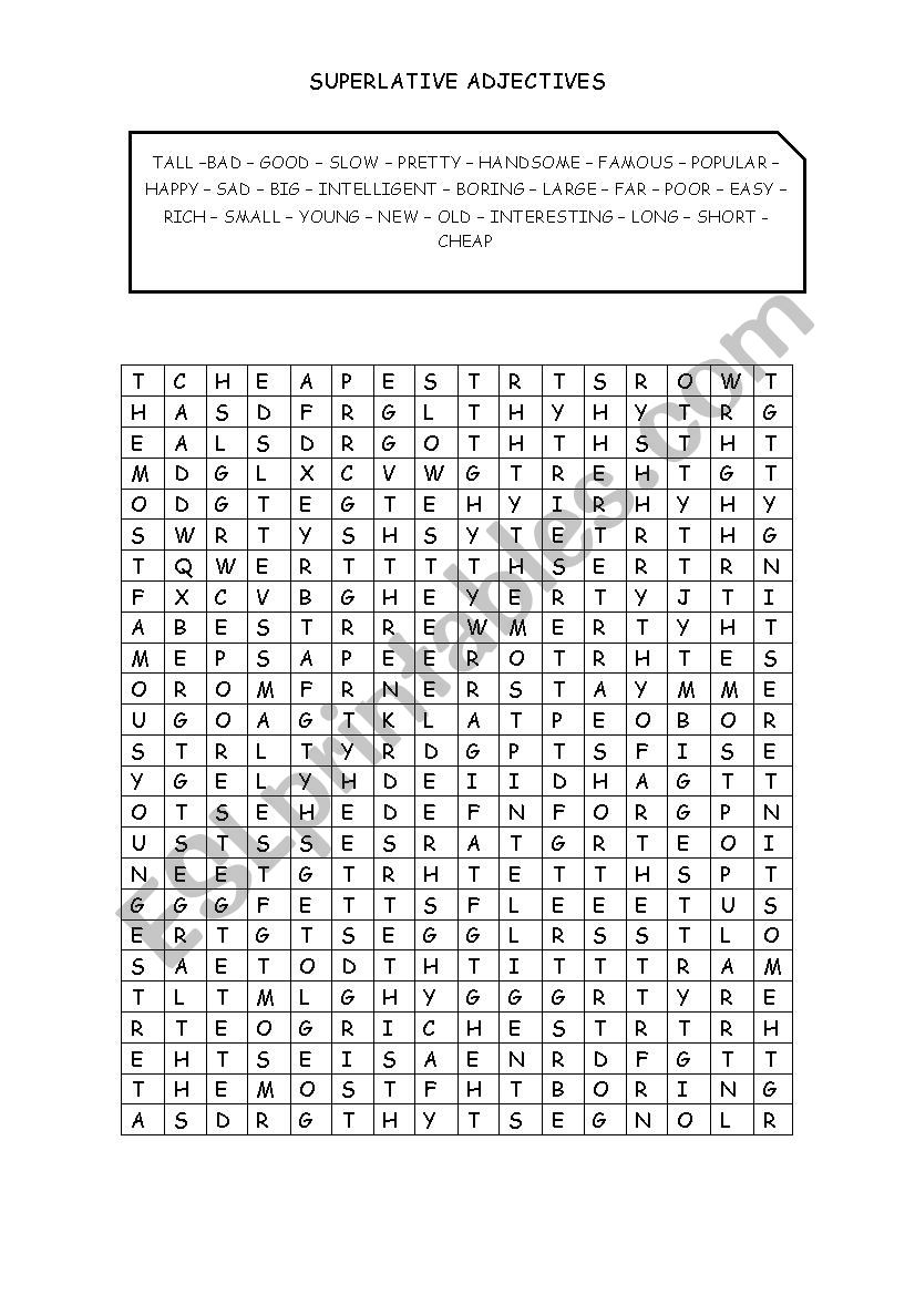 Superlative wordsearch worksheet