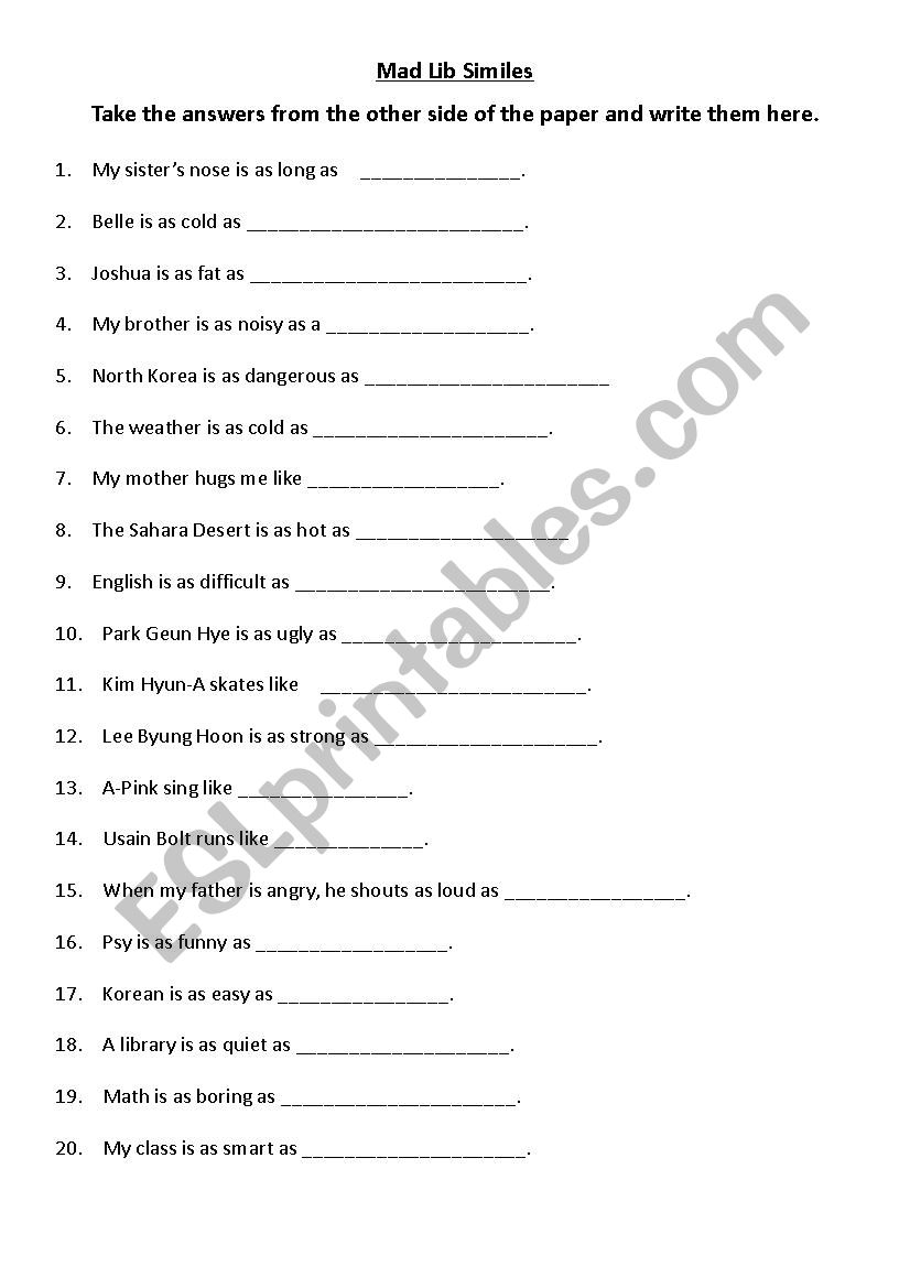 Mad Libs Style Similes worksheet