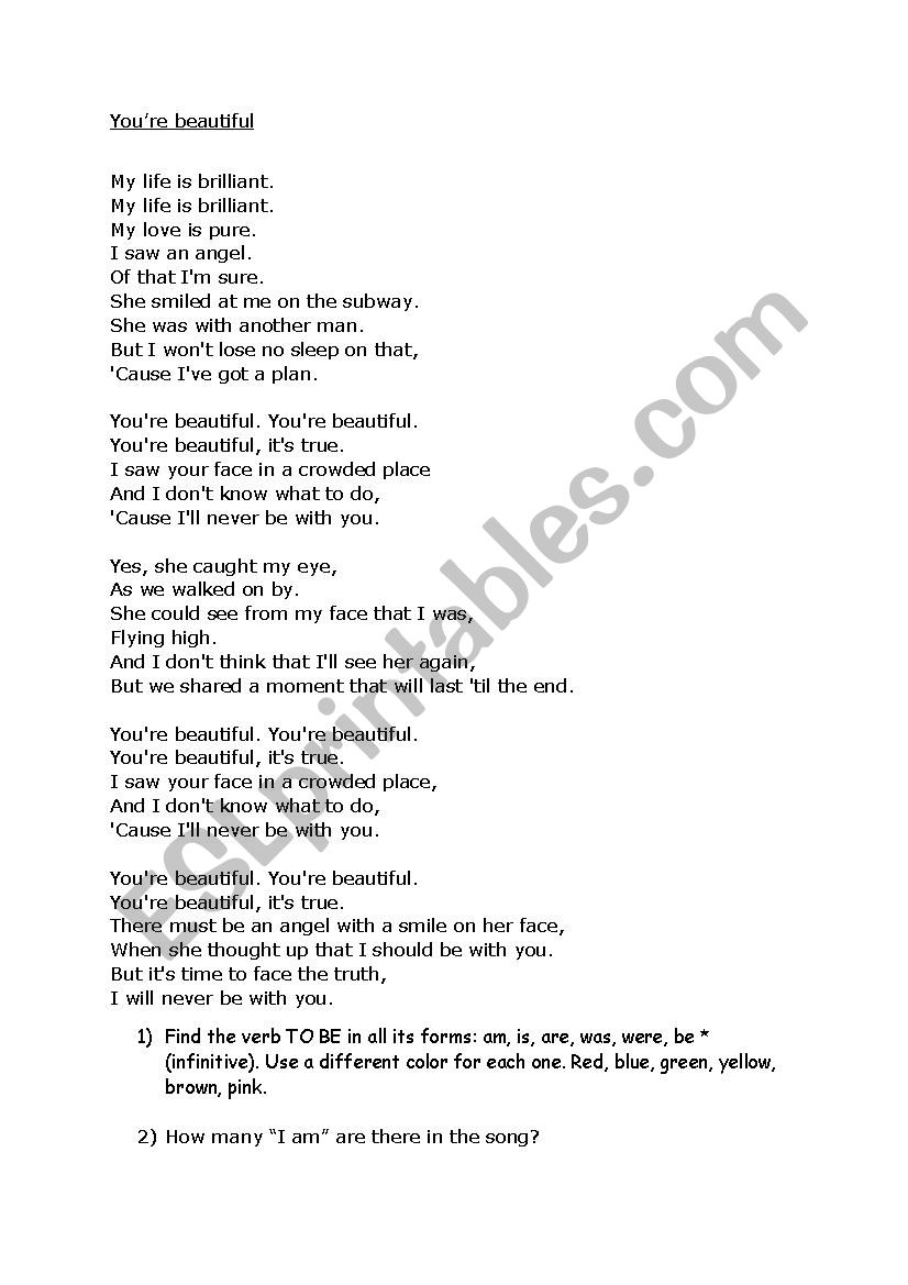 Youre beautiful-James Blunt worksheet