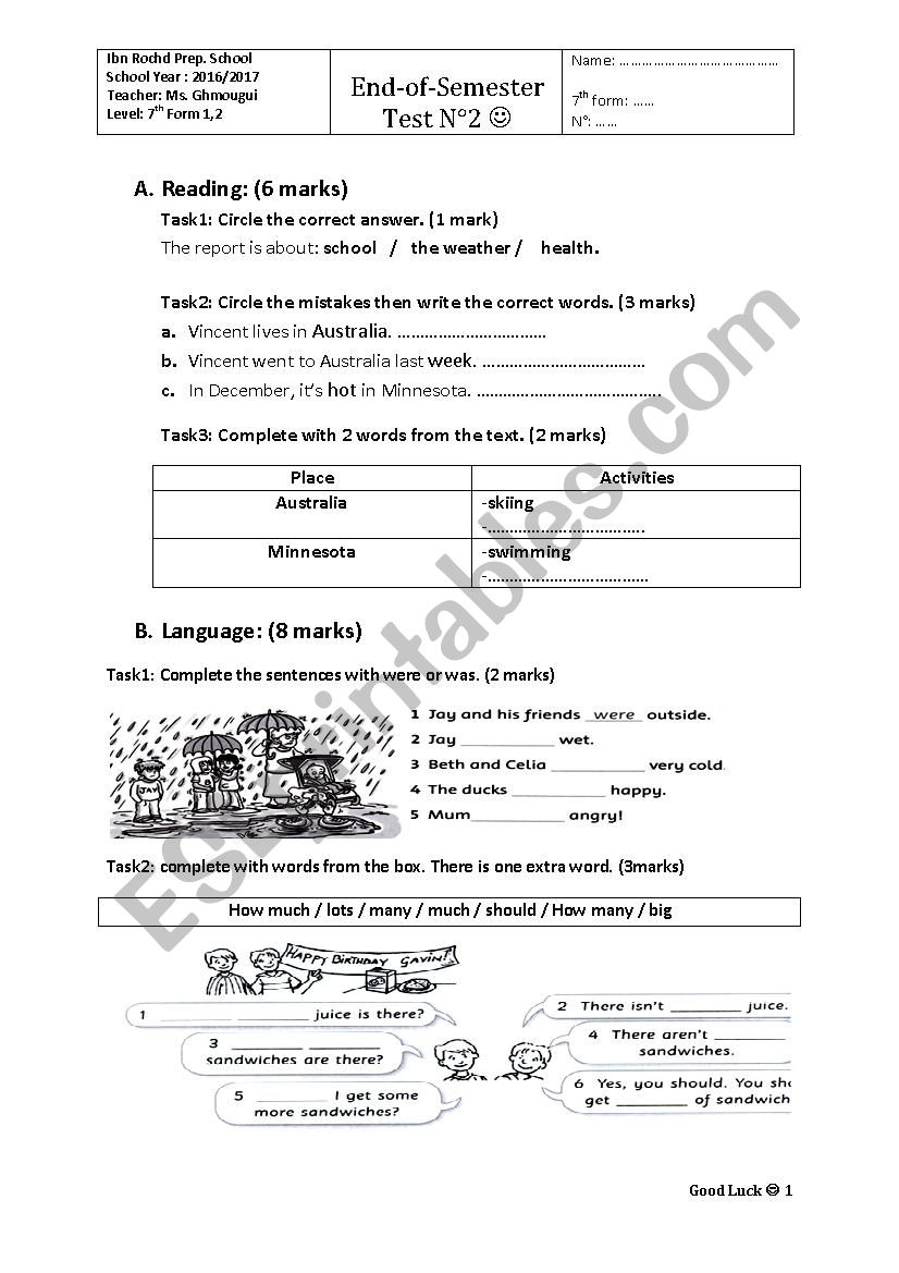 7th form test worksheet