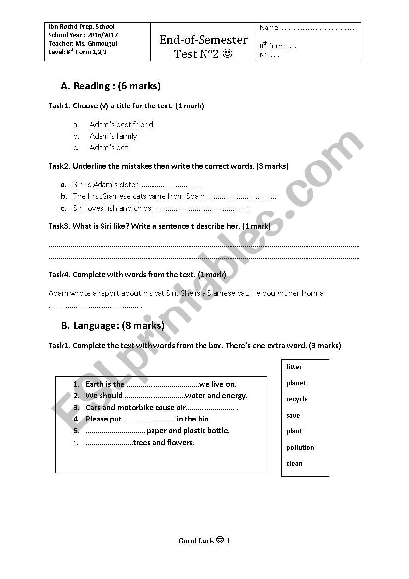 8th form Test worksheet