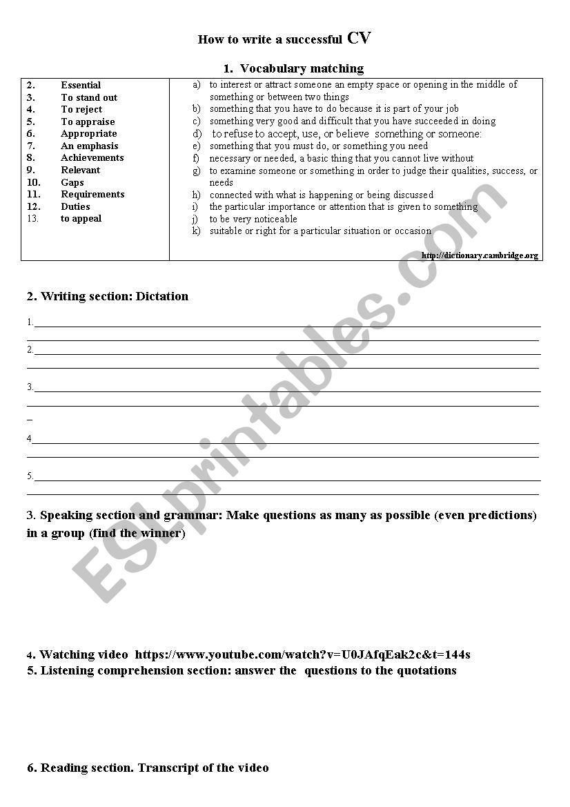 How to write a successful CV worksheet