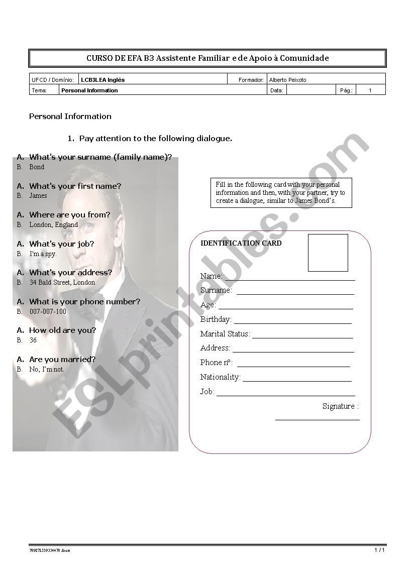 Personal information. worksheet