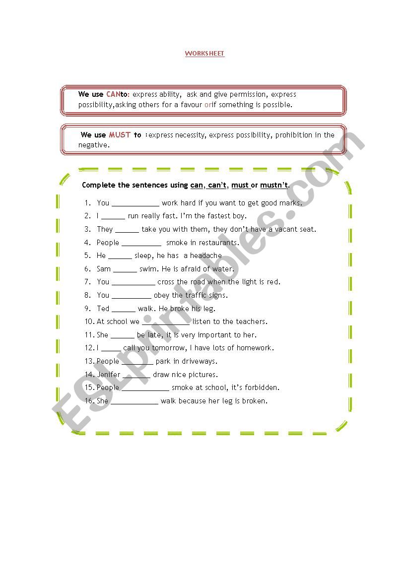 Modal verbs - can and must worksheet