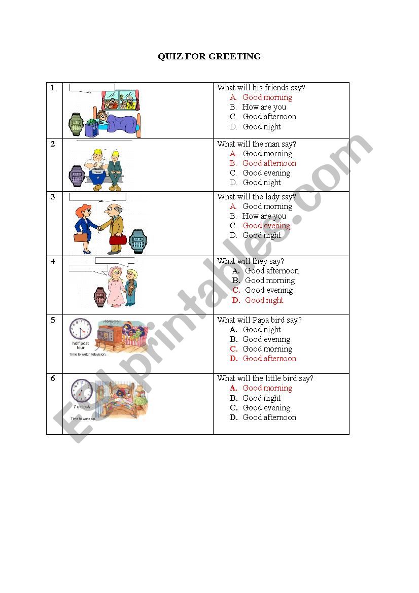 QUIZ FOR GREETING worksheet