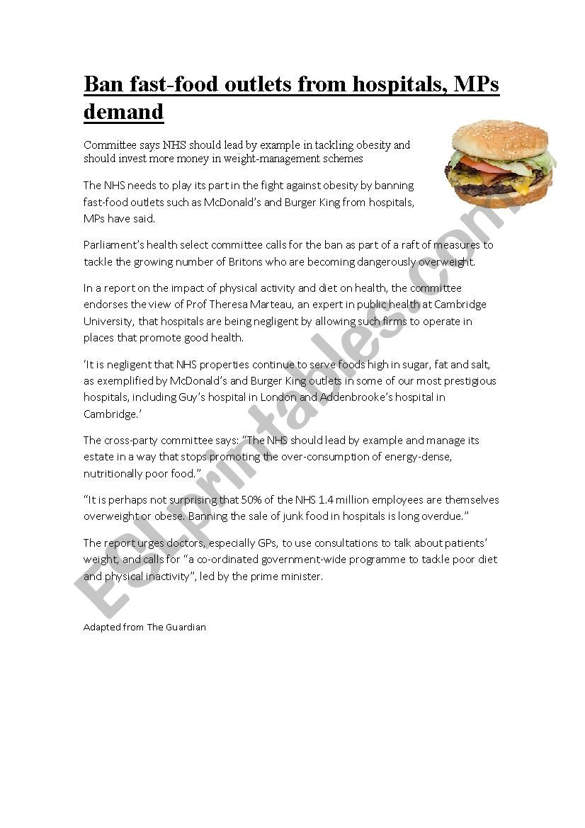 FCE Practise: Ban Fast Food  worksheet