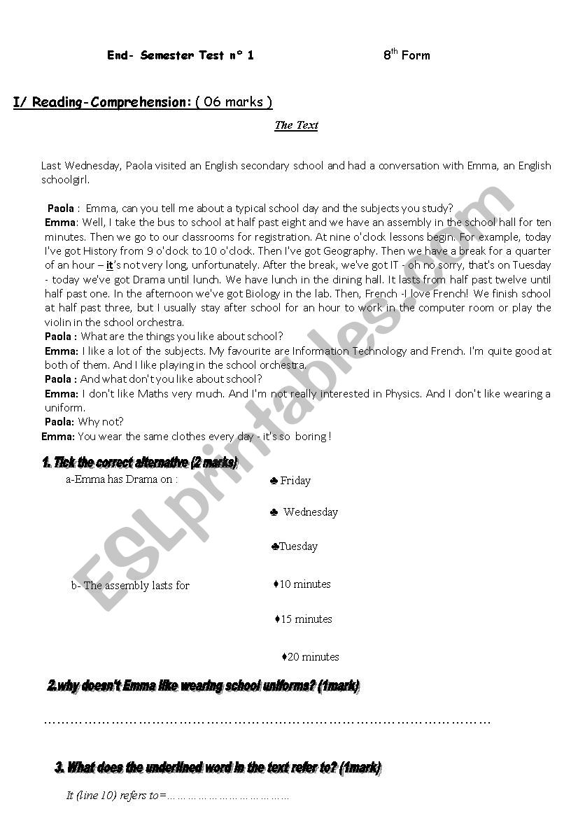 end term test 1 8th form worksheet