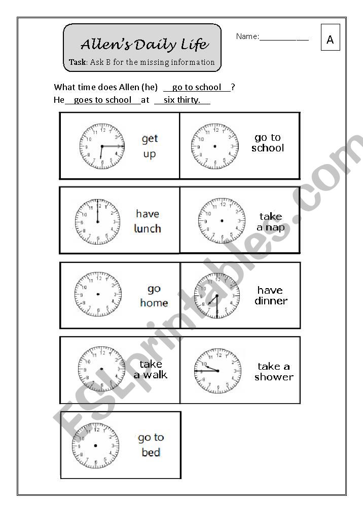 What time does he ______? (Daily Routine Information Gap Activity)