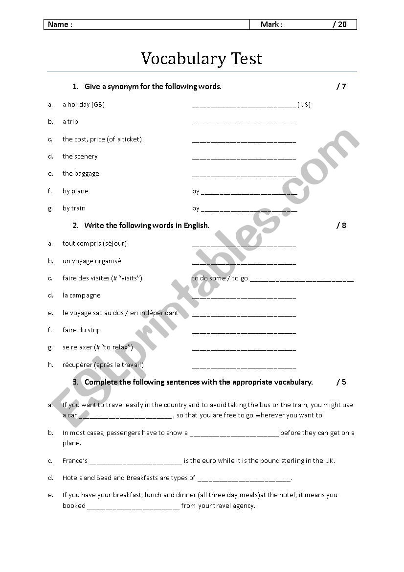 Vocabulary Test on Travelling worksheet