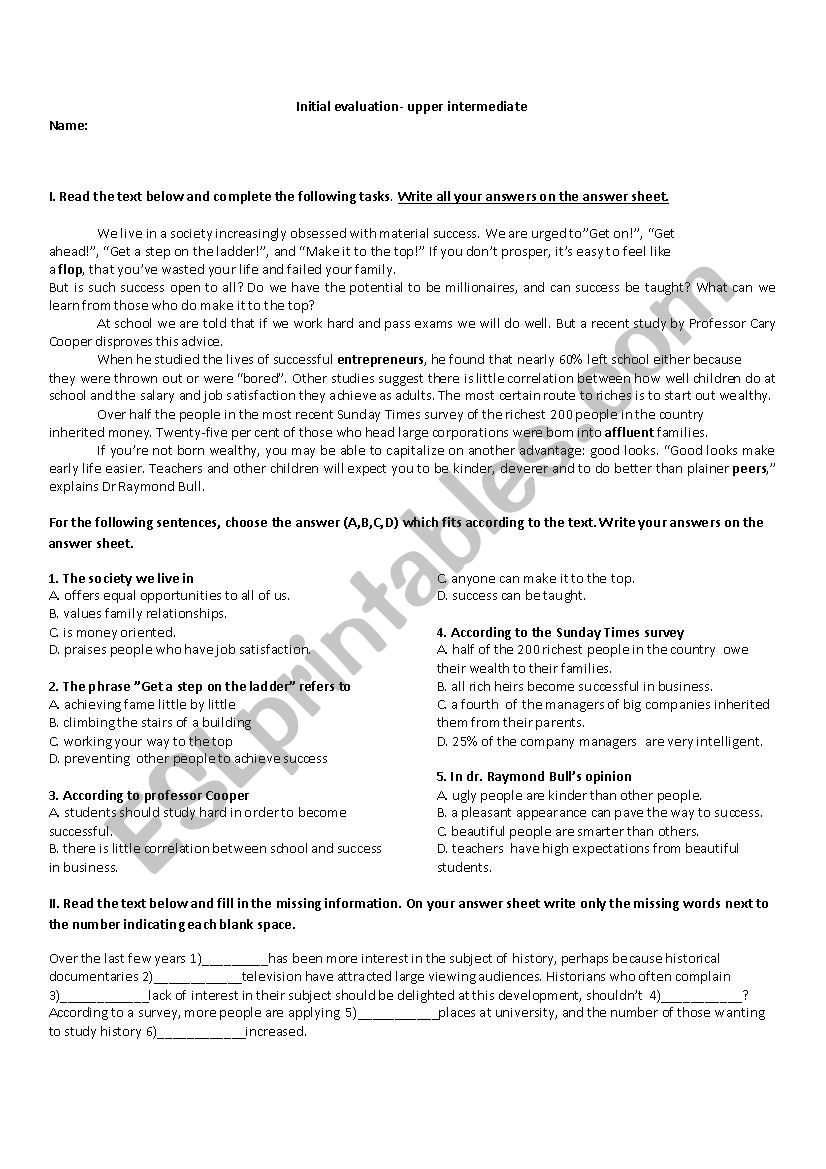 Initial evaluation worksheet