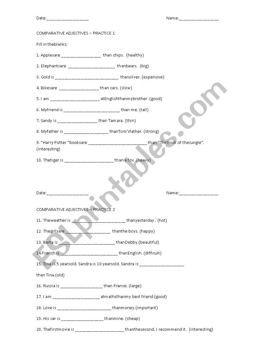 Comparative adjectives worksheet