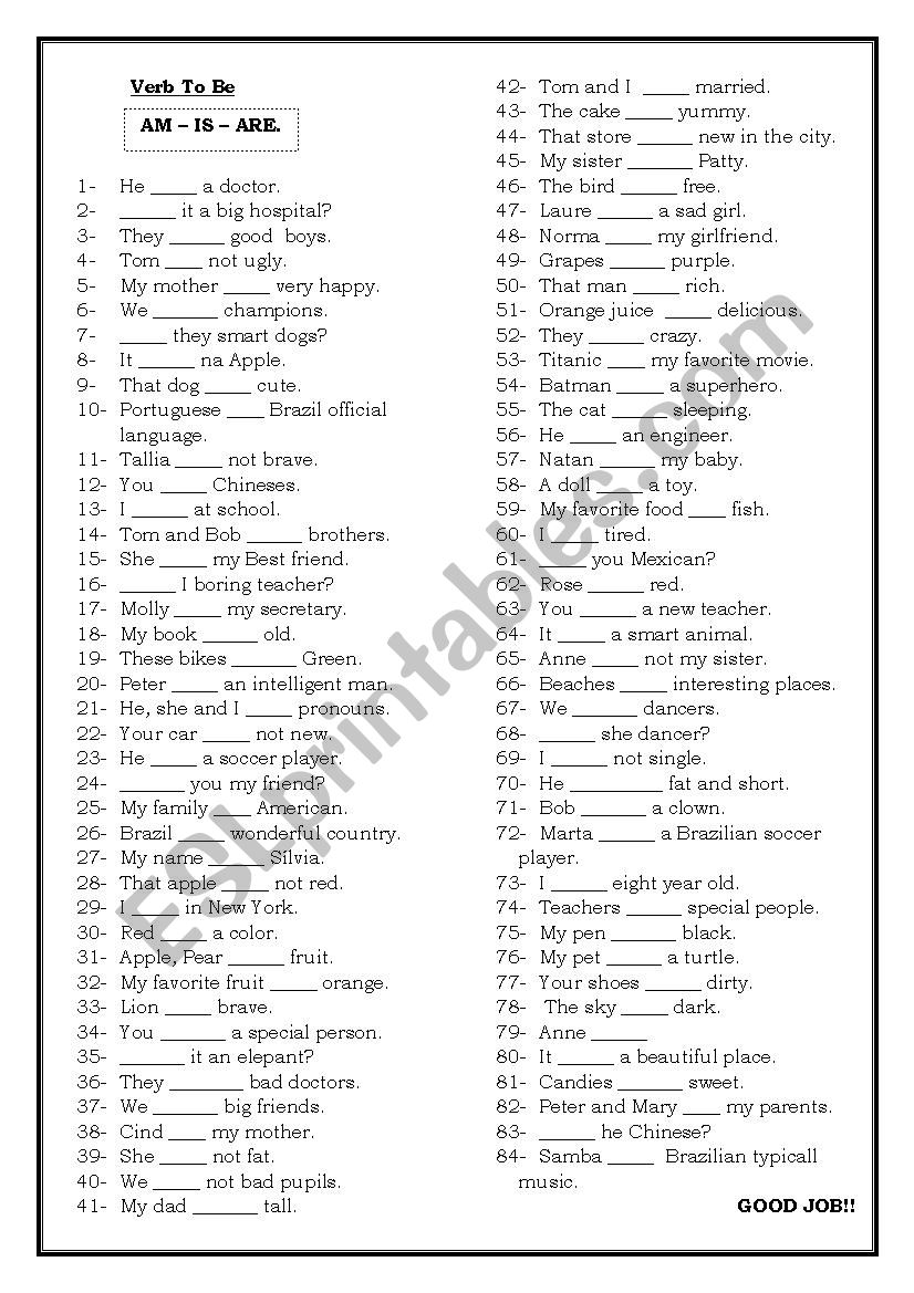 Verb To Be  worksheet