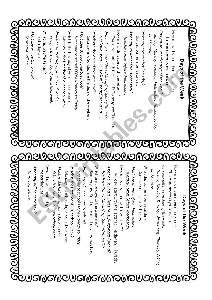 Trinity GESE 3 Oral Questions Practice Card 1 Days of the Week