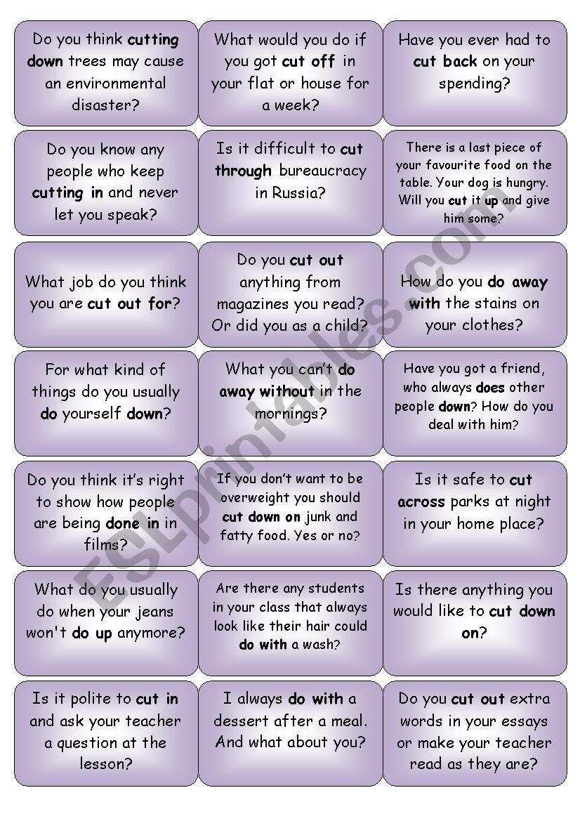 conversation cards do and cut phrasal verbs - ESL worksheet by kimto
