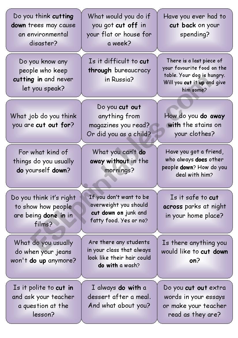 conversation cards do and cut phrasal verbs