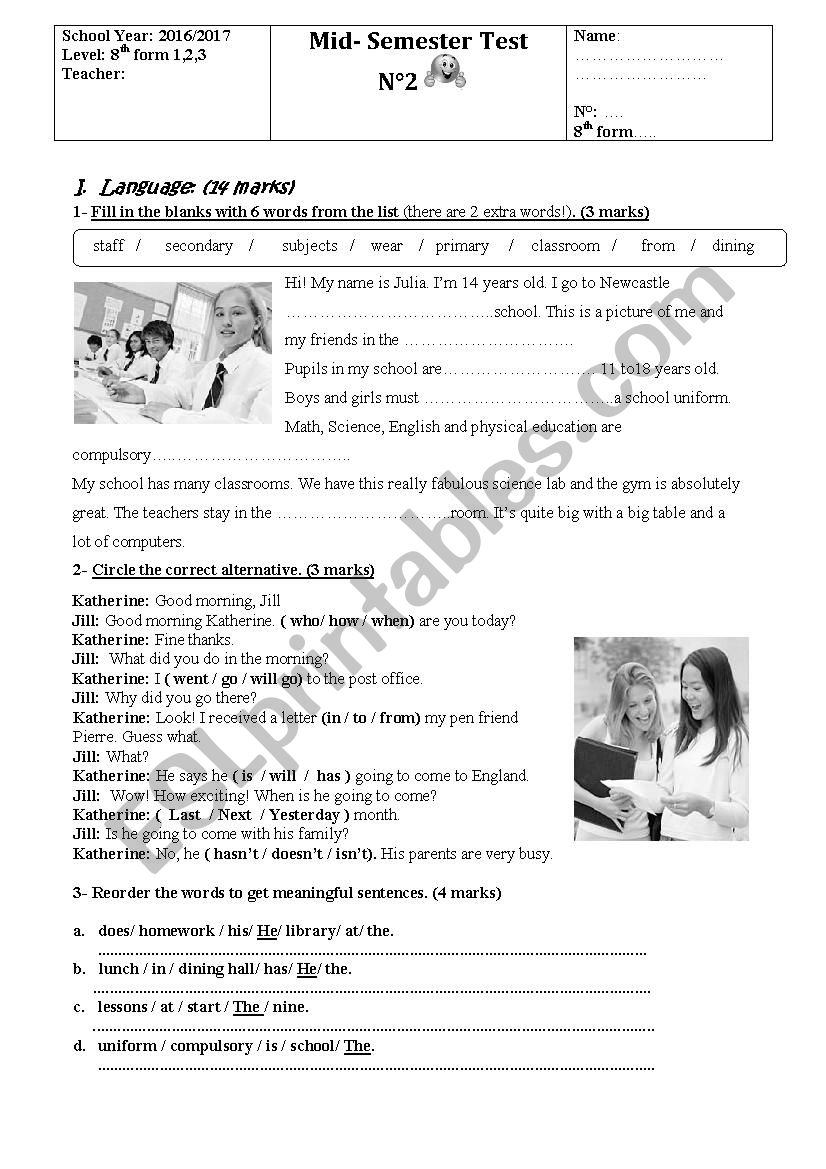 8th form Test worksheet