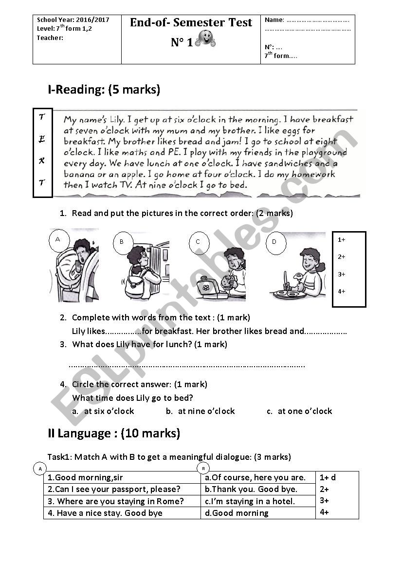 7th form test worksheet