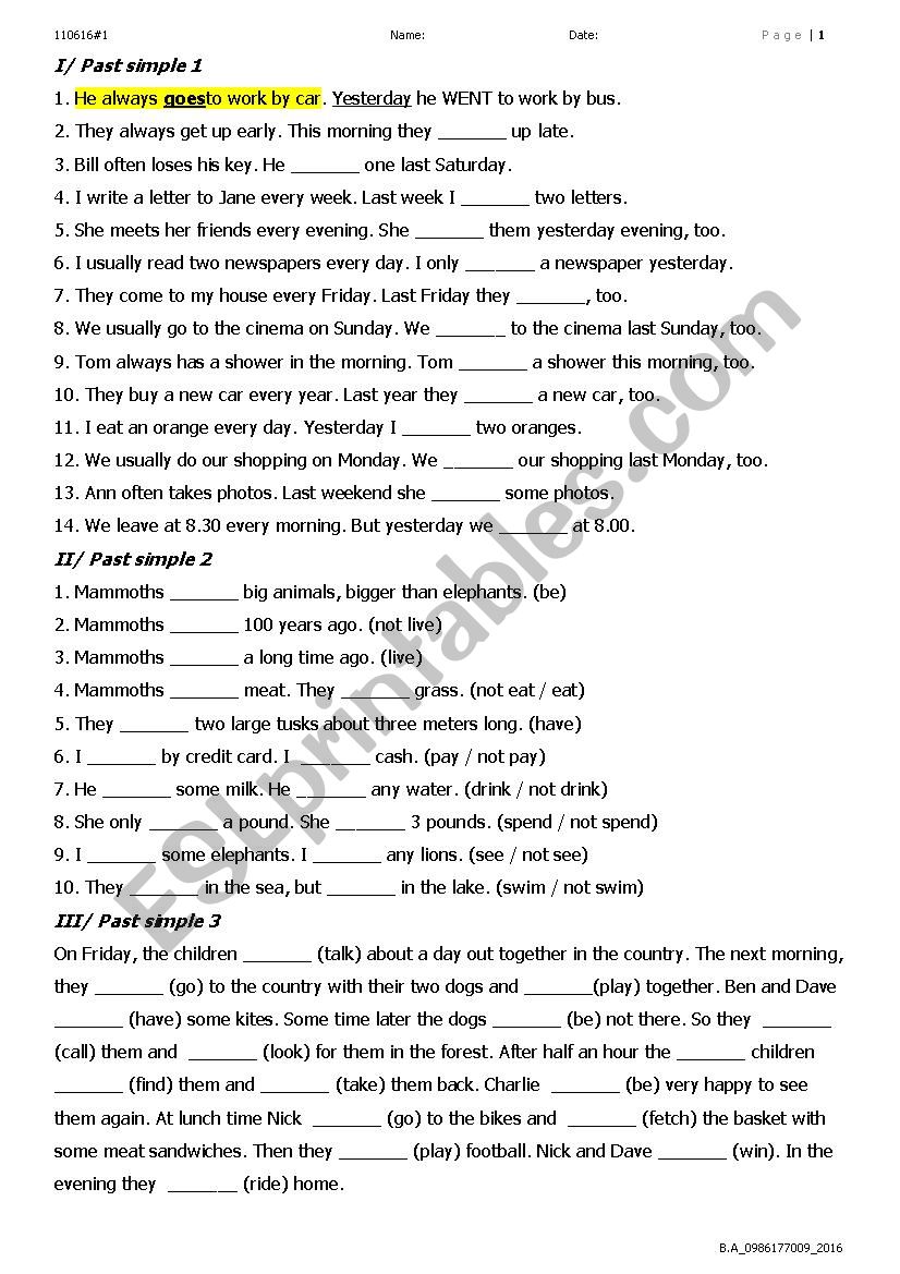 A Past simple test worksheet