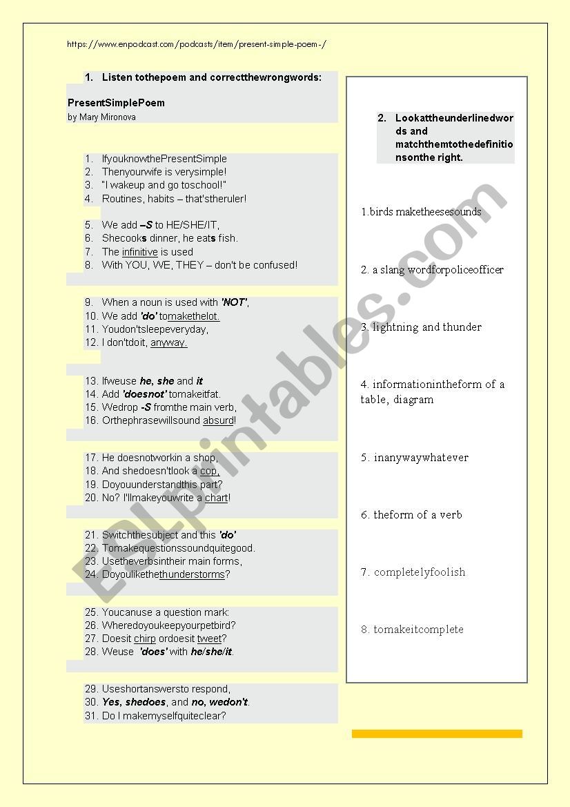 Present Simple poem listening worksheet