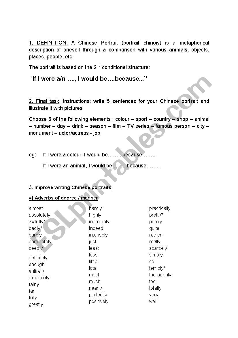 Chinese portrait worksheet