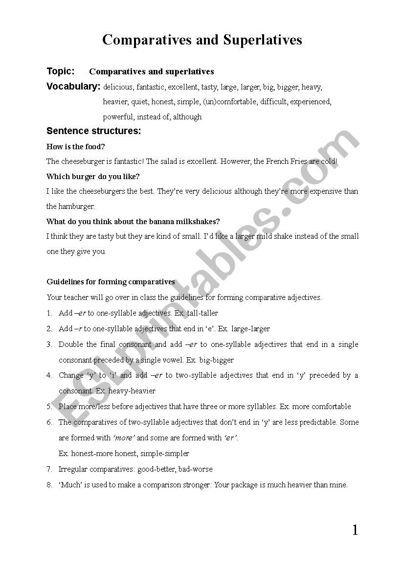 Comparatives and superlatives worksheet