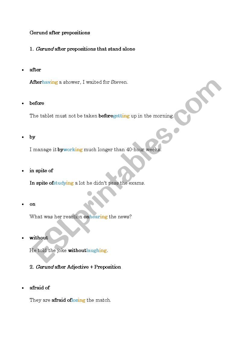 Gerund Prepositions List worksheet