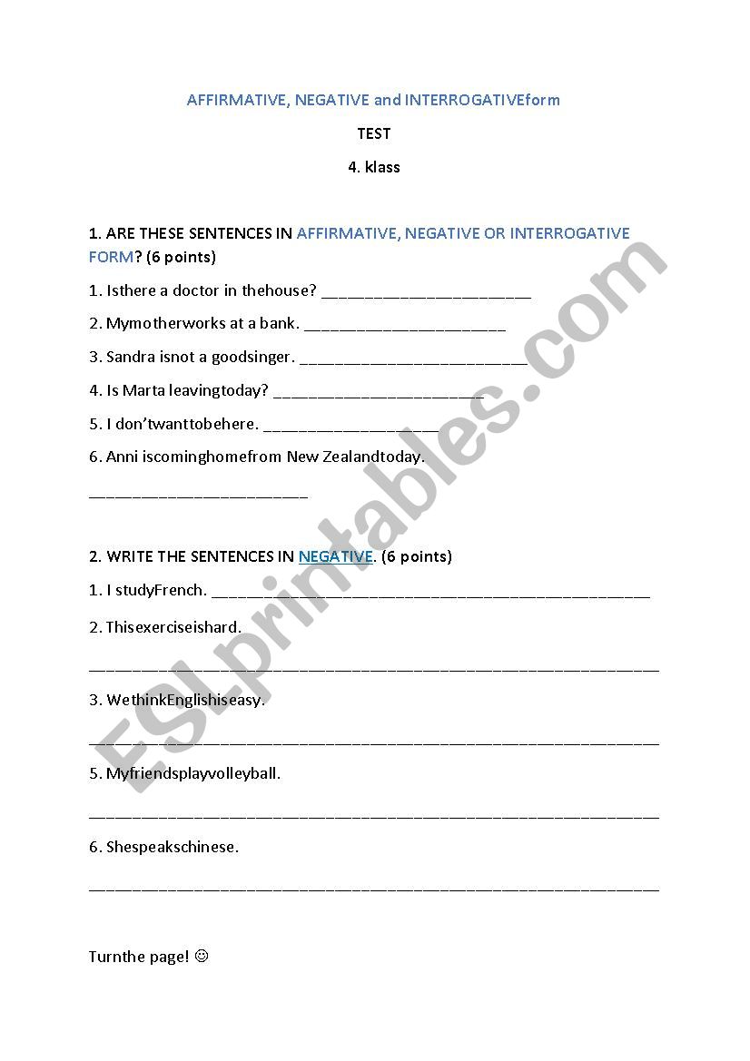 Affirmative, negative, interrogative worksheet/test