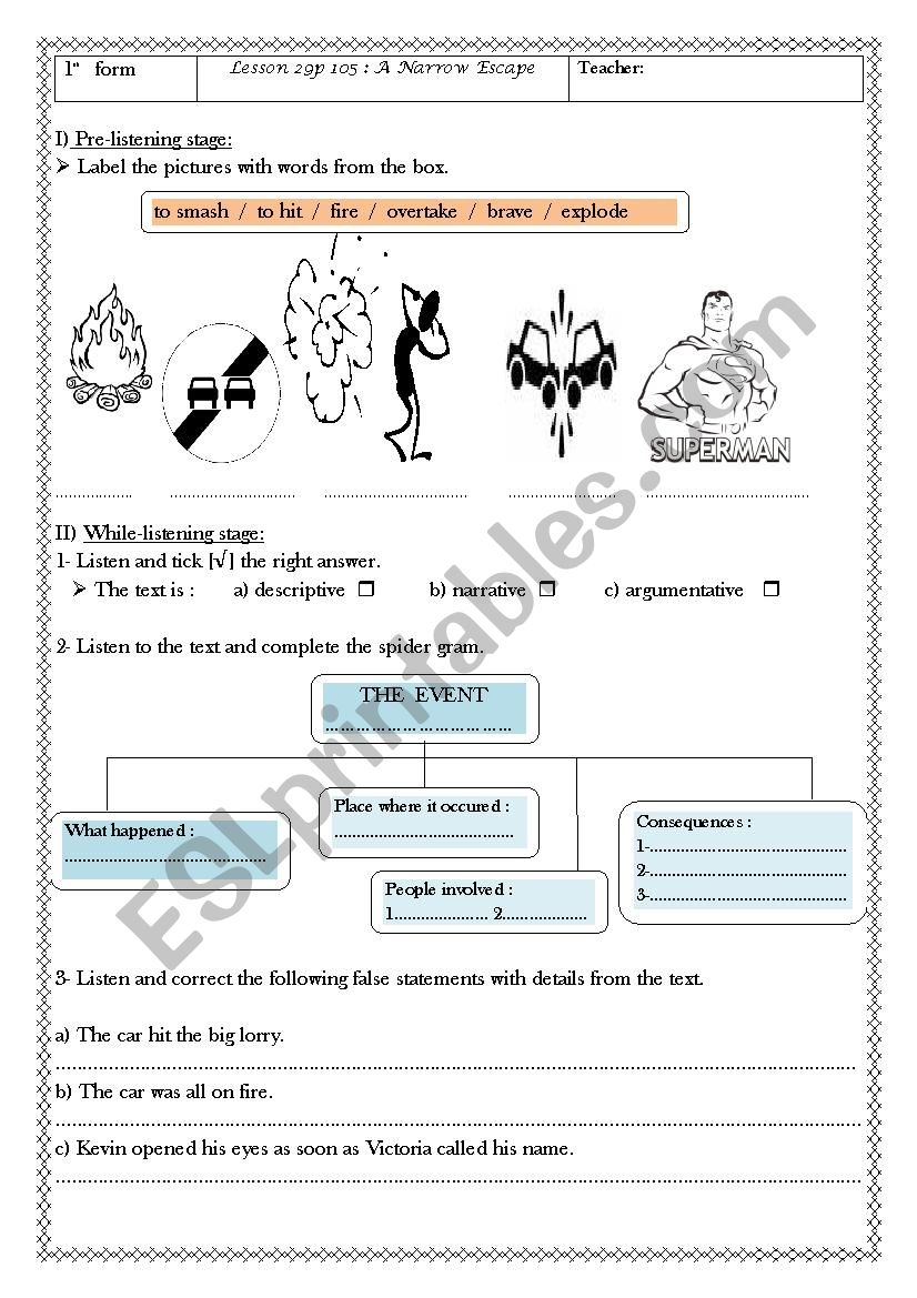 1st   form 	Lesson 29p 105 : A Narrow Escape