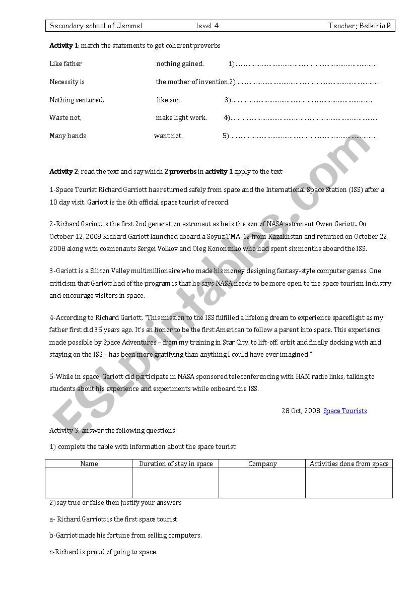 space tourism worksheet