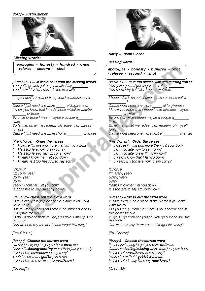 Sorry song  worksheet