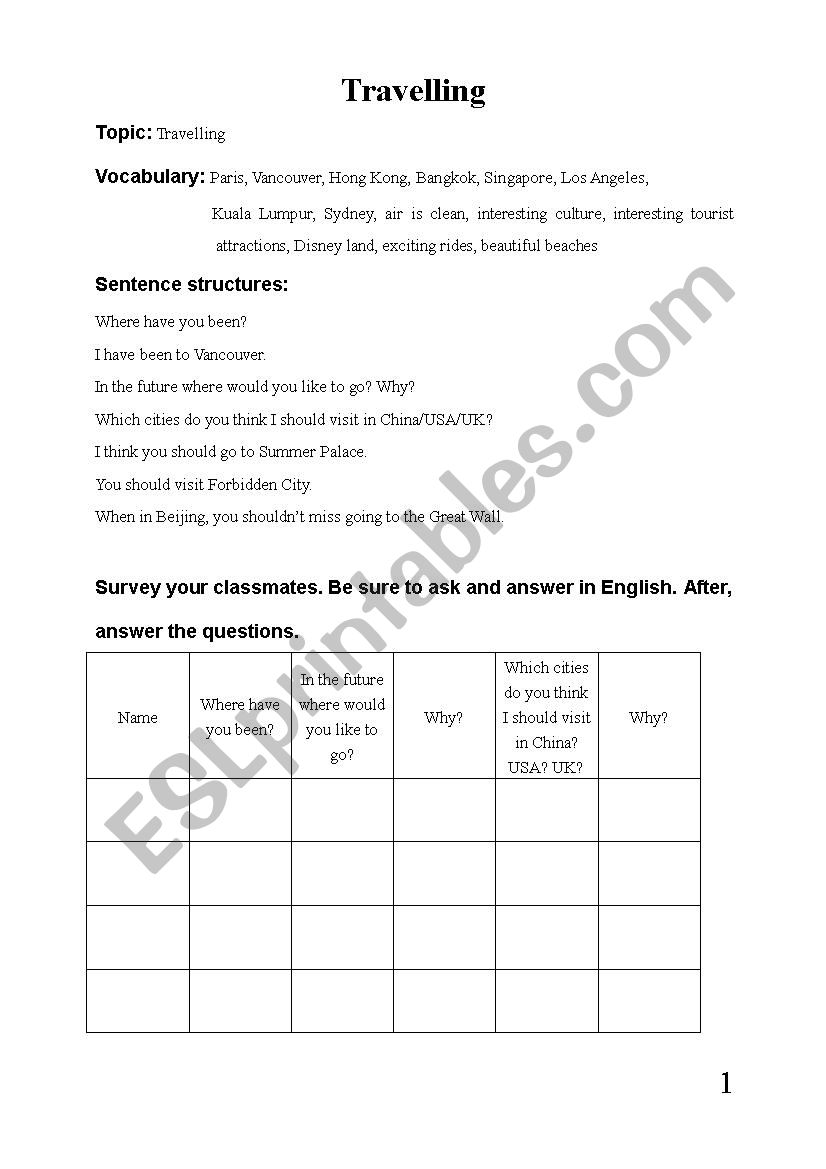 Travel worksheet