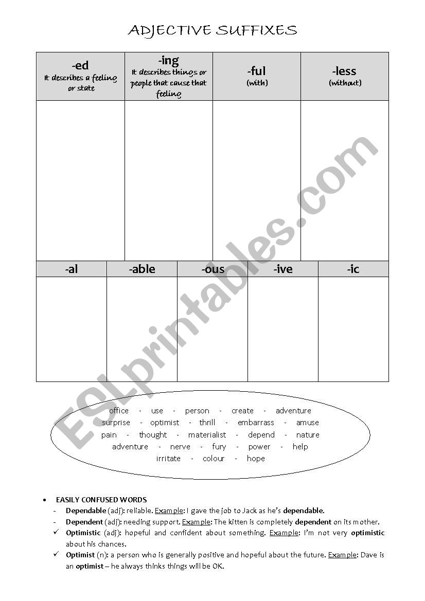 adjective suffixes worksheet