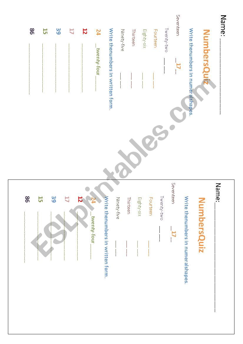 numbers writing quiz worksheet