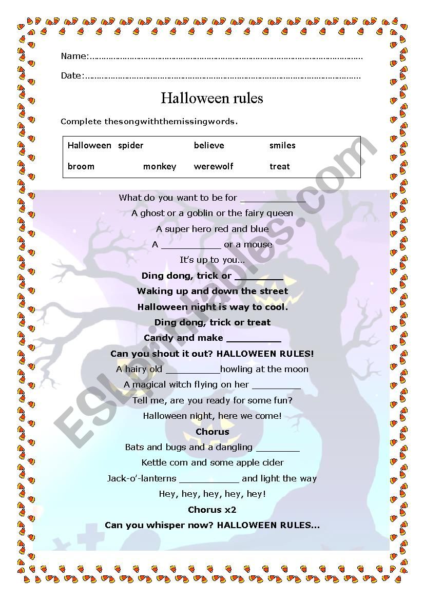 halloween rules song worksheet