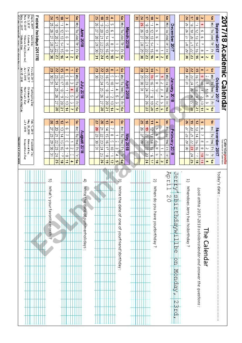 Exercices on school calendar worksheet