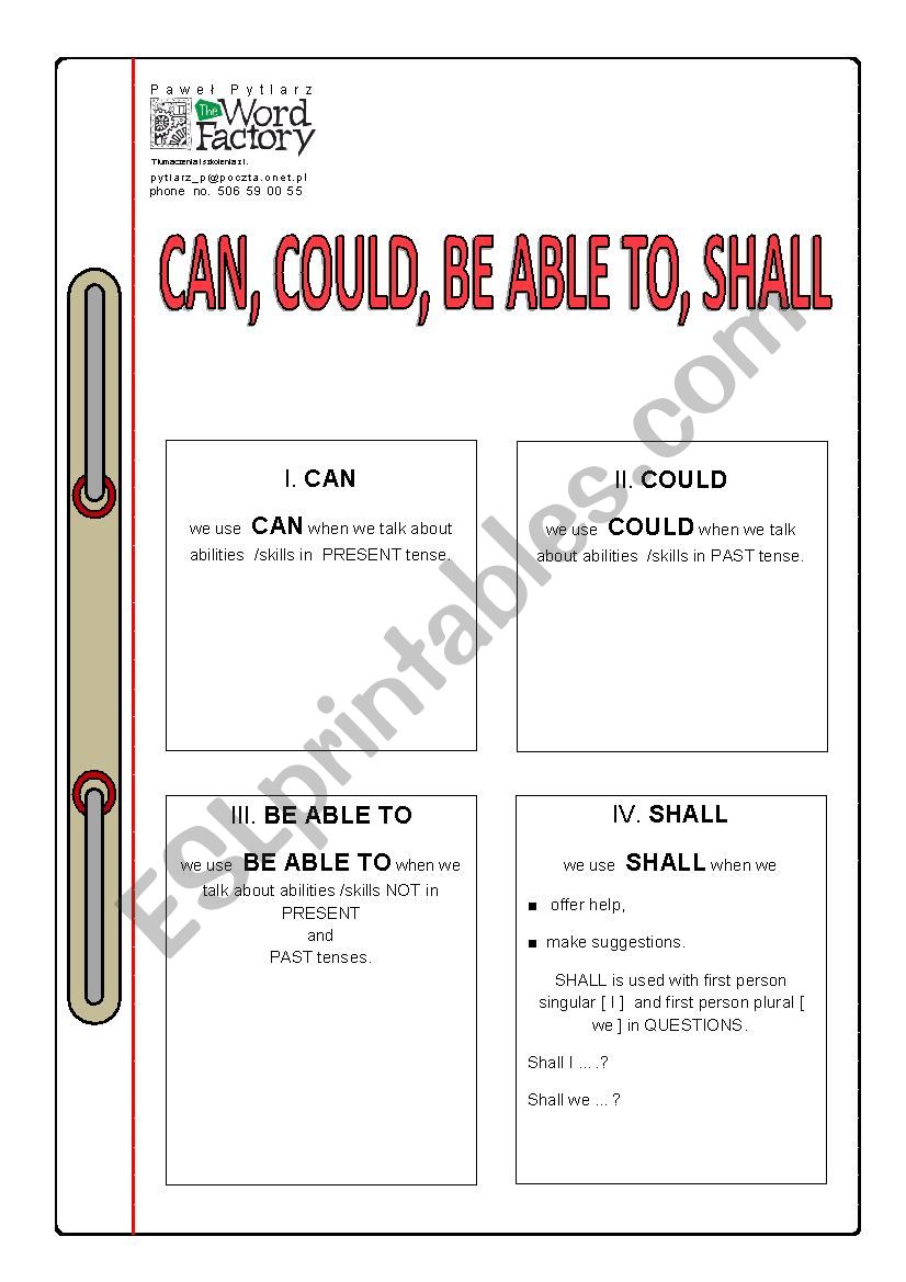 Can, Could, Be Able to, Shall: Confusable grammar point chart