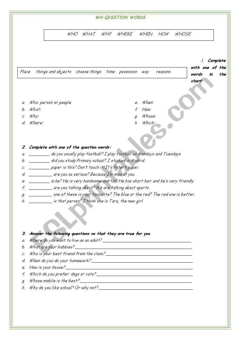 WH QUESTION WORDS worksheet