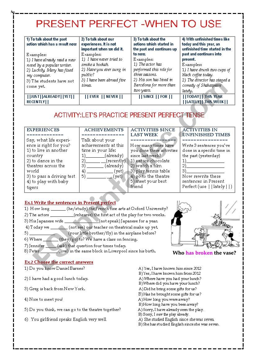 Present Perfect: When to Use worksheet