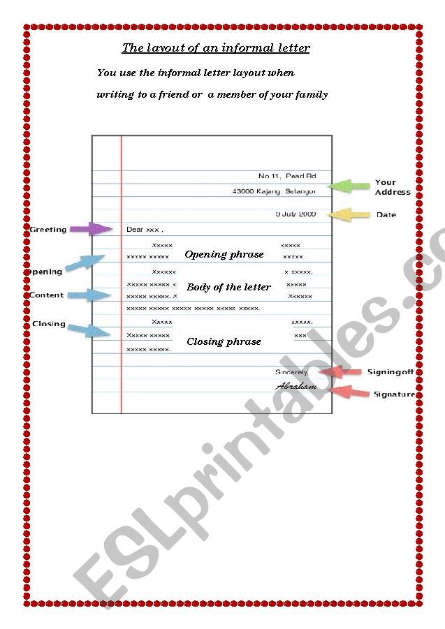 Informal letter layout worksheet