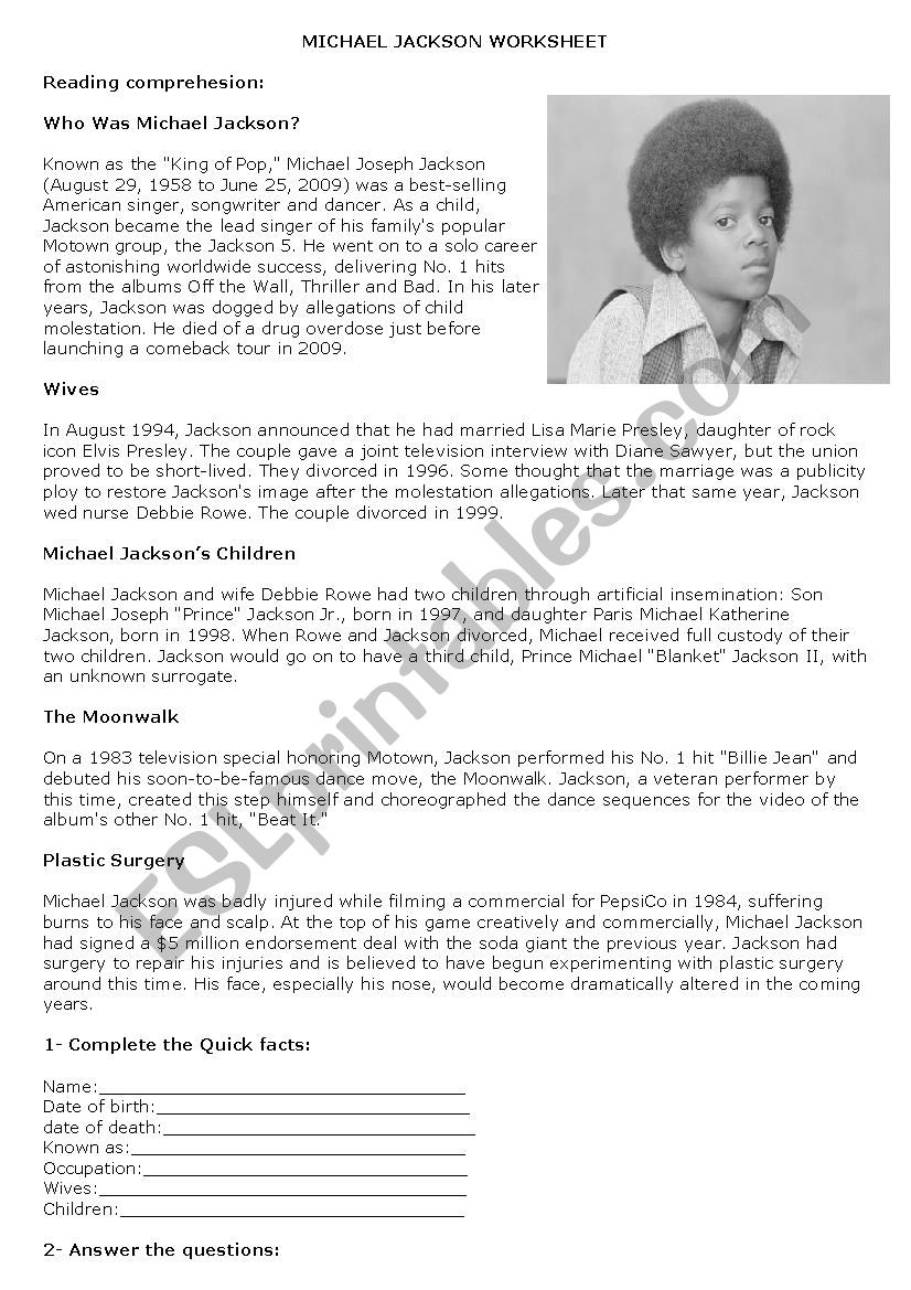 MIchael Jackson, music worksheet