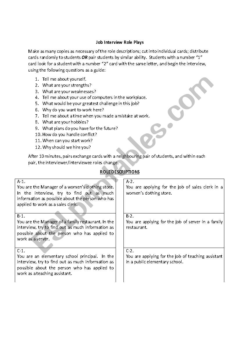Job Interview Role Play worksheet