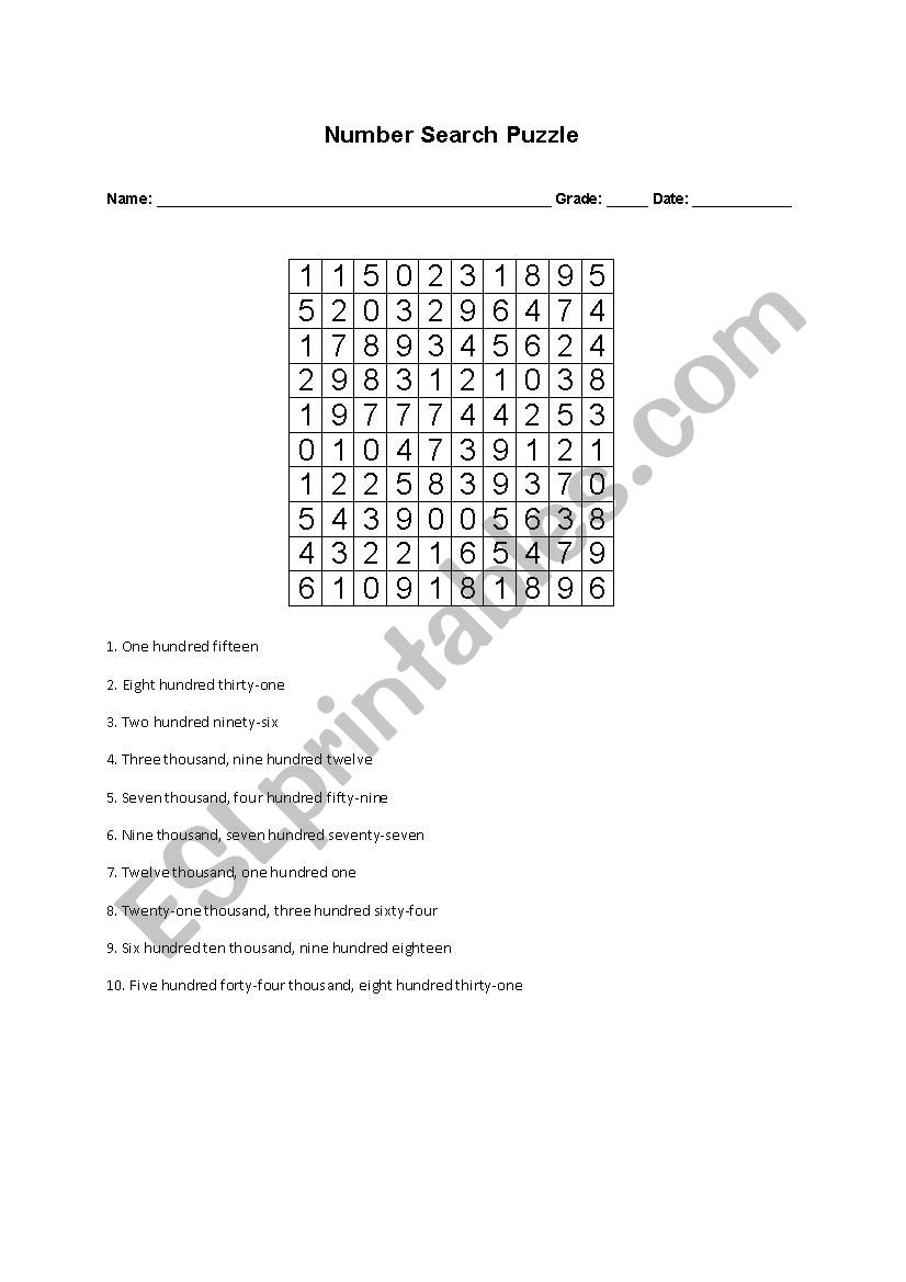 Number Search Puzzle worksheet