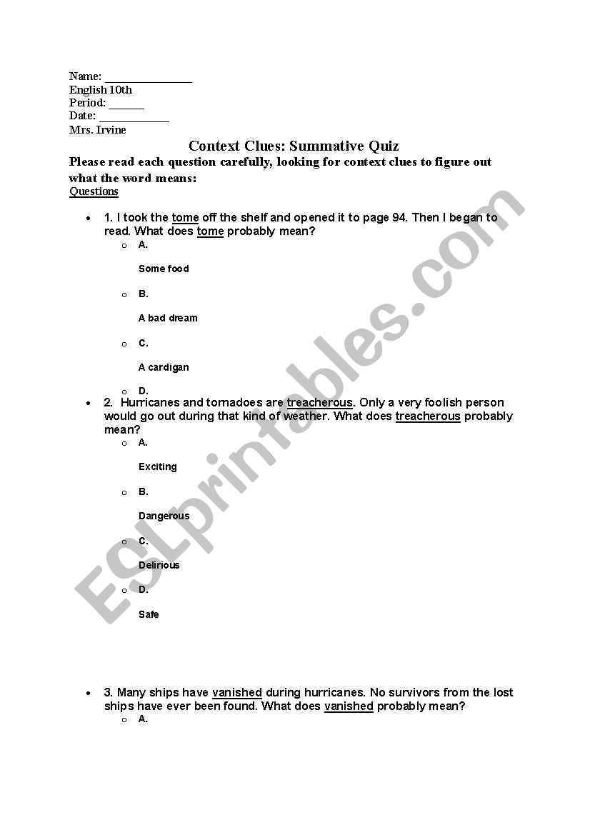 Context Clues worksheet